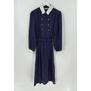 B.G.B. Vintage Dress Womens 6 Blue Maxi Double Breasted Collared Belted Spotted